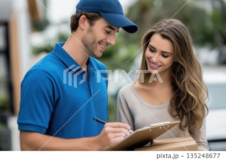 Happy Customer Signing Delivery Receipt Friendly Courier Service Package Delivery Smiling Woman Man Uniform 135248677
