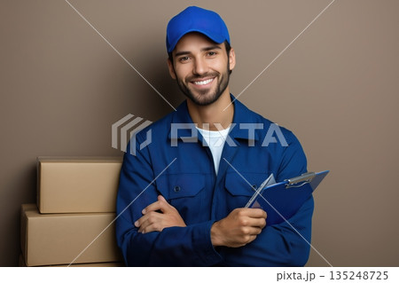 Happy Delivery Man Holding Clipboard Near Cardboard Boxes, Smiling Courier Service, Professional Logistics Happy Delivery Man Holding Clipboard Near Cardboard Boxes, Smiling Courier Service, Professional Logistics 135248725