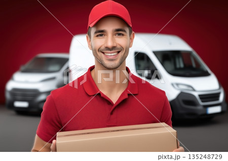 Happy Delivery Man Holding Package Smiling Near Vans Fast Shipping Service 135248729