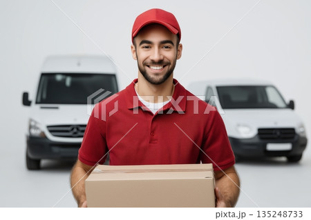 Happy Delivery Man Holding Package Near Vans Providing Fast Shipping Service 135248733