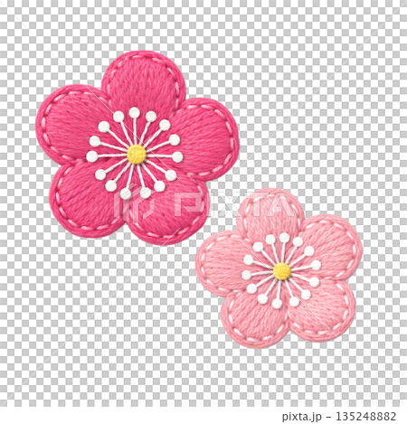 白色背景上以兩種粉紅色調手工刺繡的可愛梅花圖案。日式春季主題。 135248882