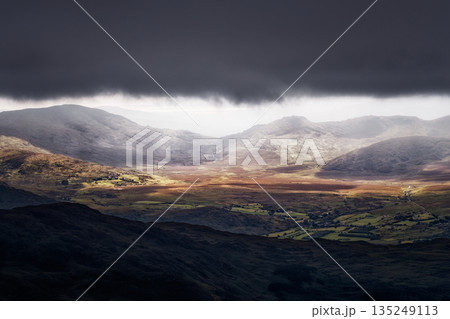 Dramatic sky over the rolling hills of Killarney National Park in Ireland. Dramatic sky over the rolling hills of Killarney National Park in Ireland. 135249113