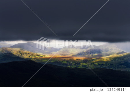 A picturesque view in Killarney National Park, Ireland. Sunlight breaks through a dark, stormy sky, illuminating the rolling green hills and valley below in a breathtaking scene. 135249114