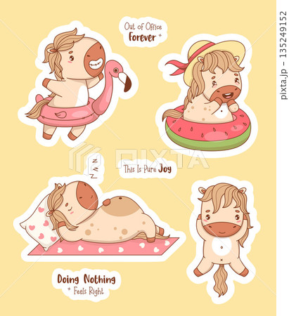 Cute Little resting Horse Stickers. Isolated Funny Sleepy Pony, Beachgoer Animal with inflatable pink flamingo, Swimming On Watermelon Ring and cool Slogans. Vector illustration. Not AI Cute Little resting Horse Stickers. Isolated Funny Sleepy Pony, Beachgoer Animal with inflatable pink flamingo, Swimming On Watermelon Ring and cool Slogans. Vector illustration. Not AI 135249152