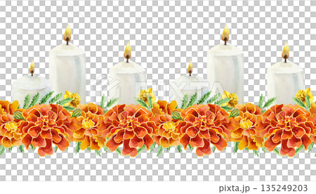 Marigolds and candles seamless border, horizontal. Hand drawn watercolor illustration of a flower garland, isolated. Perfect for birthday, Day of the Dead and Diwali cards and invitations. 135249203