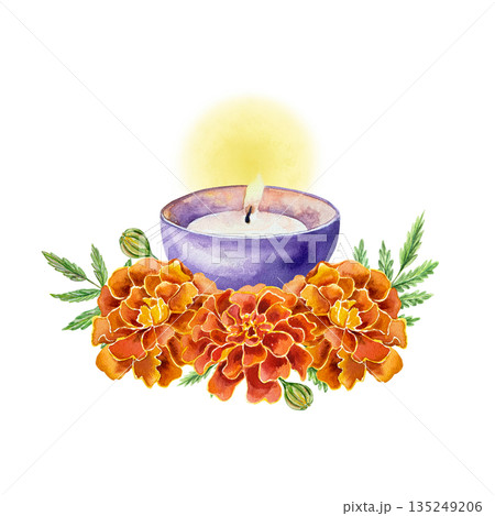 Marigolds and a burning candle. Hand drawn watercolor illustration of flowers. Suitable for birthday, Day of the Dead, and Diwali cards and invitations. 135249206