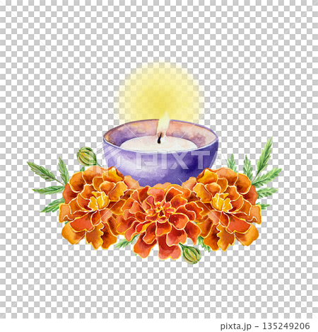 Marigolds and a burning candle. Hand drawn watercolor illustration of flowers. Suitable for birthday, Day of the Dead, and Diwali cards and invitations. Marigolds and a burning candle. Hand drawn watercolor illustration of flowers. Suitable for birthday, Day of the Dead, and Diwali cards and invitations. 135249206