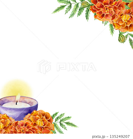 Marigold frame for text. Hand drawn watercolor illustration of flowers and candles, isolated. Perfect for birthday, Day of the Dead and Diwali cards and invitations. 135249207