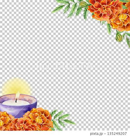 Marigold frame for text. Hand drawn watercolor illustration of flowers and candles, isolated. Perfect for birthday, Day of the Dead and Diwali cards and invitations. 135249207