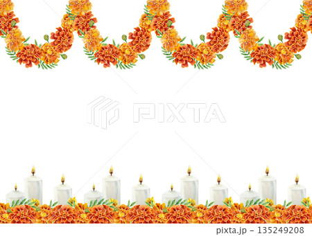 Marigolds and candles seamless border frame. Hand drawn watercolor illustration of a flower garland, isolated. Perfect for birthday, Day of the Dead and Diwali cards and invitations. 135249208