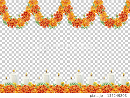 Marigolds and candles seamless border frame. Hand drawn watercolor illustration of a flower garland, isolated. Perfect for birthday, Day of the Dead and Diwali cards and invitations. 135249208