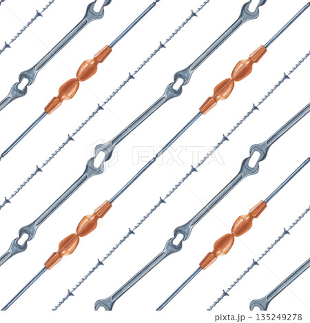 Diagonal seamless pattern with screwdrivers, wrench and self-tapping screws. Watercolor illustration of metal working tools on an isolated background. A realistic seamless template for the design of Diagonal seamless pattern with screwdrivers, wrench and self-tapping screws. Watercolor illustration of metal working tools on an isolated background. A realistic seamless template for the design of 135249278