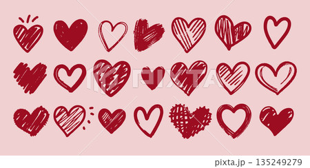 Red hand-drawn hearts in different sketch styles, rough artistic look, on light pink background. Concept of love and affection symbols. Love Valentines Day concept Red hand-drawn hearts in different sketch styles, rough artistic look, on light pink background. Concept of love and affection symbols. Love Valentines Day concept 135249279