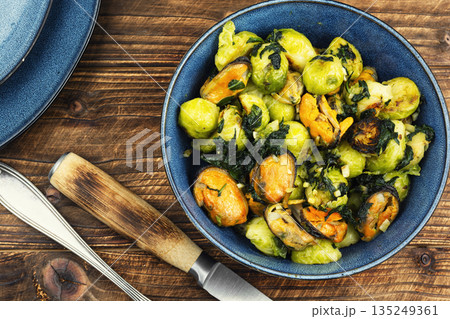 Seafood and Brussels Sprouts Vegetable Dish Seafood and Brussels Sprouts Vegetable Dish 135249361