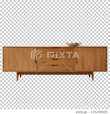 Modern Wooden Cabinet With Drawers and Decorative Object on Top in a Simple Setting 135249426