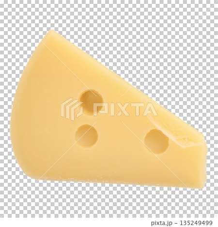 Slice of Yellow Cheese With Holes on a Plain Background Showing Texture and Shape Clearly 135249499