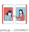 Two women communicating via smartphones, one crying and the other offering comfort, drawn in a hand-drawn style on a white background, Online therapy session 135249627