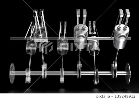 Six cylinder car engine model isolated on black background Six cylinder car engine model isolated on black background 135249912