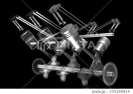 Six cylinder car engine model isolated on black background 135249914