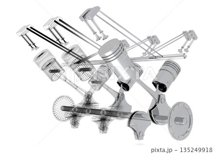 Six cylinder car engine model isolated on white background 135249918