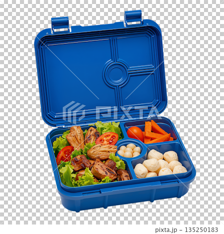 Colorful Lunch Box With Food Items and Compartments for Different Snacks and Meals 135250183