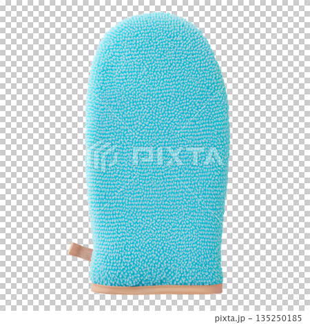 Soft Blue Cleaning Mitt Used for Scrubbing and Washing Dishes in a Kitchen Setting 135250185