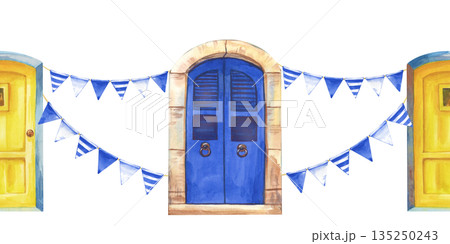 Seamless border with blue and yellow doors and blue striped flags on an isolated background. Watercolor illustration with traditional Greek architectural elements for tourism, printing, and national 135250243