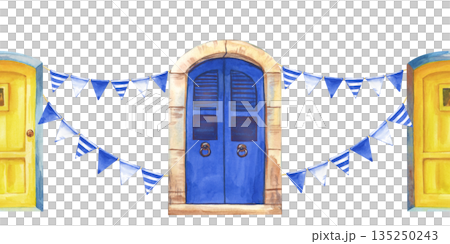 Seamless border with blue and yellow doors and blue striped flags on an isolated background. Watercolor illustration with traditional Greek architectural elements for tourism, printing, and national 135250243