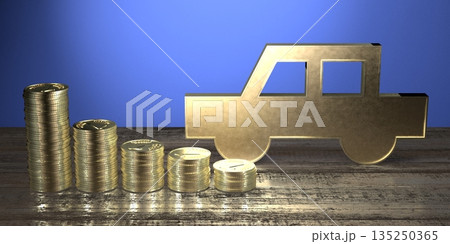 Passenger car shape and pile of coins - decrease chart Passenger car shape and pile of coins - decrease chart 135250365