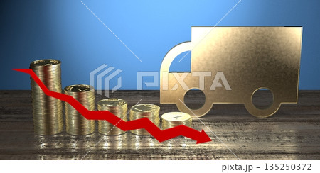 Truck shape, coins and downwards arrow - decrease chart Truck shape, coins and downwards arrow - decrease chart 135250372