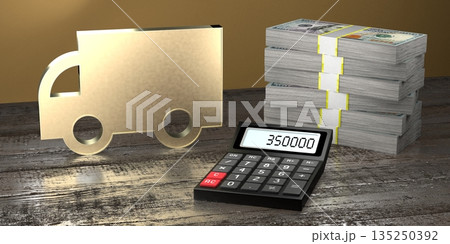 Truck shape, calculator and pile of money Truck shape, calculator and pile of money 135250392