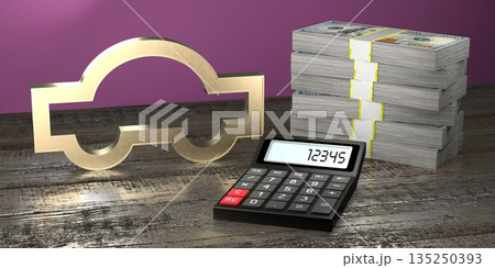 Passenger car, calculator and pile of money 135250393