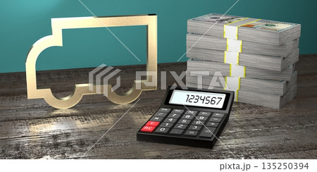Truck shape, calculator and pile of money Truck shape, calculator and pile of money 135250394