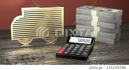 Metal truck shape, calculator and pile of money Metal truck shape, calculator and pile of money 135250396