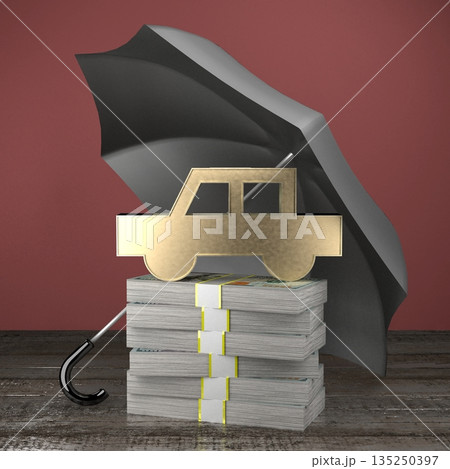 Passenger car shape on pile of money and umbrella 135250397