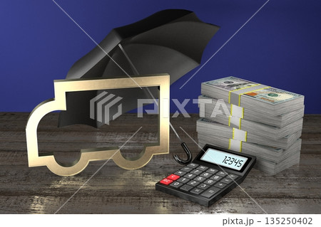 Truck shape, calculator, money and umbrella - insurance concept Truck shape, calculator, money and umbrella - insurance concept 135250402