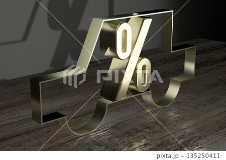 Metal car shape and percent sign on wooden desks 135250411