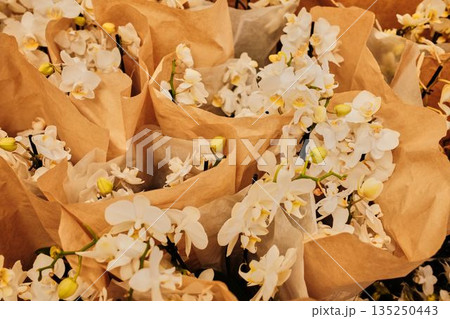 Elegant white orchids wrapped in brown paper ready for sale in a flower shop. The concept represents purity, simplicity, and refined natural beauty 135250443