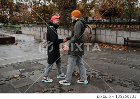 Two men greet each other with a handshake in a city park surrounded by autumn leaves. The scene conveys the concept of friendship and social connection Two men greet each other with a handshake in a city park surrounded by autumn leaves. The scene conveys the concept of friendship and social connection 135250533