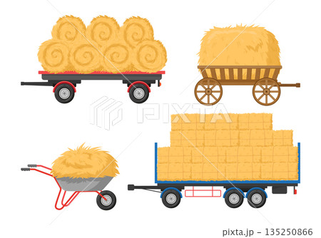 Cartoon carts full of hay. Agricultural haymaking, rural dried hay in trailer and cart, fodder straw flat vector illustration set. Hay trucks on white background Cartoon carts full of hay. Agricultural haymaking, rural dried hay in trailer and cart, fodder straw flat vector illustration set. Hay trucks on white background 135250866