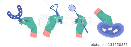Dentist tools in doctors palms. Stomatologist hands in rubber gloves holding dental equipment, hands holding tools flat vector illustration set. Cartoon dentist hands 135250873
