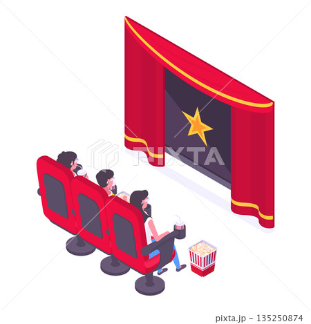 Isometric movie theatre visitors. People watching film on big screen, sitting in cinema chairs with popcorn and 3d glasses vector illustration. Watching movie on white background 135250874