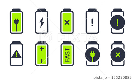 Smartphone battery charging indicators. Mobile phone battery icons, cell phone battery charge levels. Flat vector illustrations set 135250883