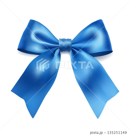 Realistic blue satin ribbon bow with long tails isolated on white gift decoration for packaging greeting cards and invitations Realistic blue satin ribbon bow with long tails isolated on white gift decoration for packaging greeting cards and invitations 135251149