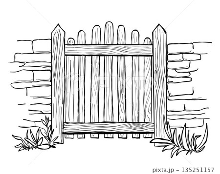 Rustic wooden garden gate set in stone wall black and white hand drawn line illustration with plants and grass Rustic wooden garden gate set in stone wall black and white hand drawn line illustration with plants and grass 135251157