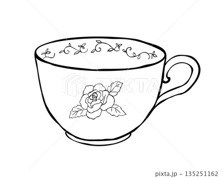 Vintage floral teacup with rose motif and vine rim pattern isolated on white black and white hand drawn line art 135251162