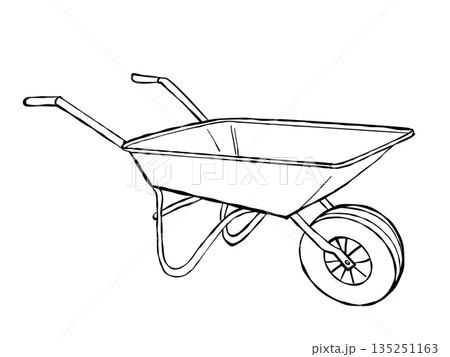 Hand drawn wheelbarrow garden cart with single wheel minimal black line art illustration isolated on white 135251163