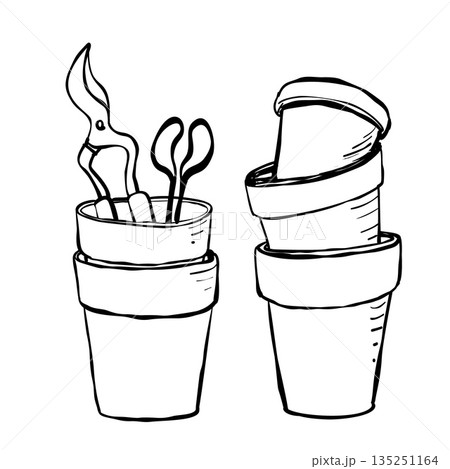 Hand drawn flower pots with gardening tools and stacked planters minimal black line art illustration isolated on white 135251164