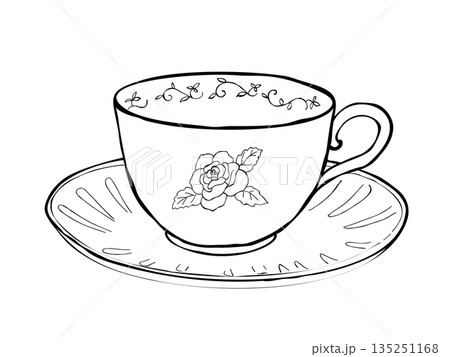 Hand drawn floral teacup with saucer and rose ornament black and white line art for vintage tea time kitchen decor 135251168