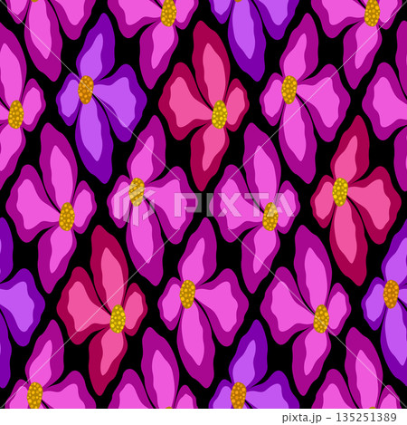Floral orchid seamless pattern. Abstract clematis flowers design element. Bright purple violet flowers on black background. Fantasy ornament 135251389